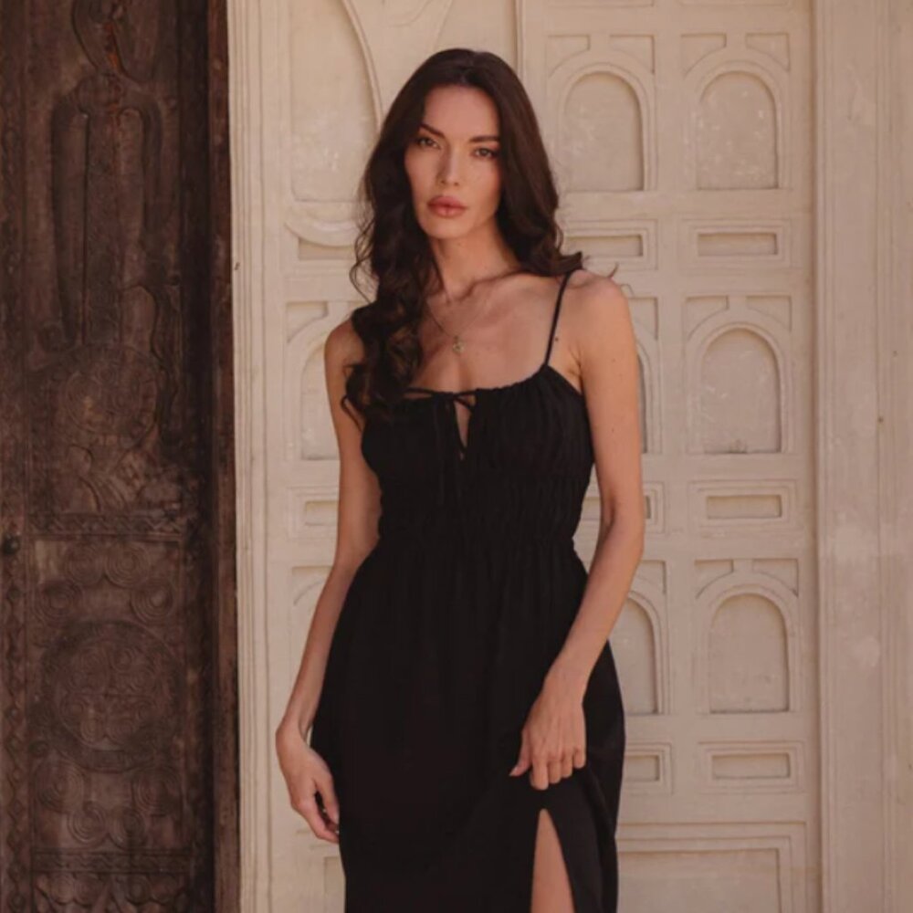 Women’s Black Midi Dress with Spaghetti Straps
